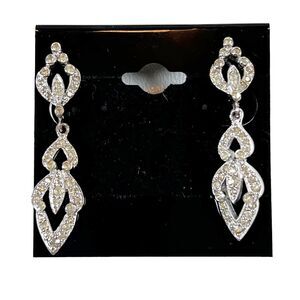 Vtg POLCINI Art-Deco Earrings PAVE Rhinestone Rhodium Plate Chandelier Dangle